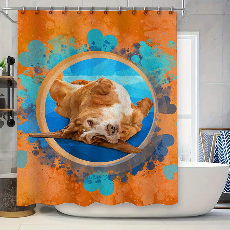 

Dog Bathing Shower Curtain Waterproof Pet Decoration Rustic Orange Blue Watercolor Print Bathroom Accessory Size Customizable Fo W60H190(CM)-1 Pcs