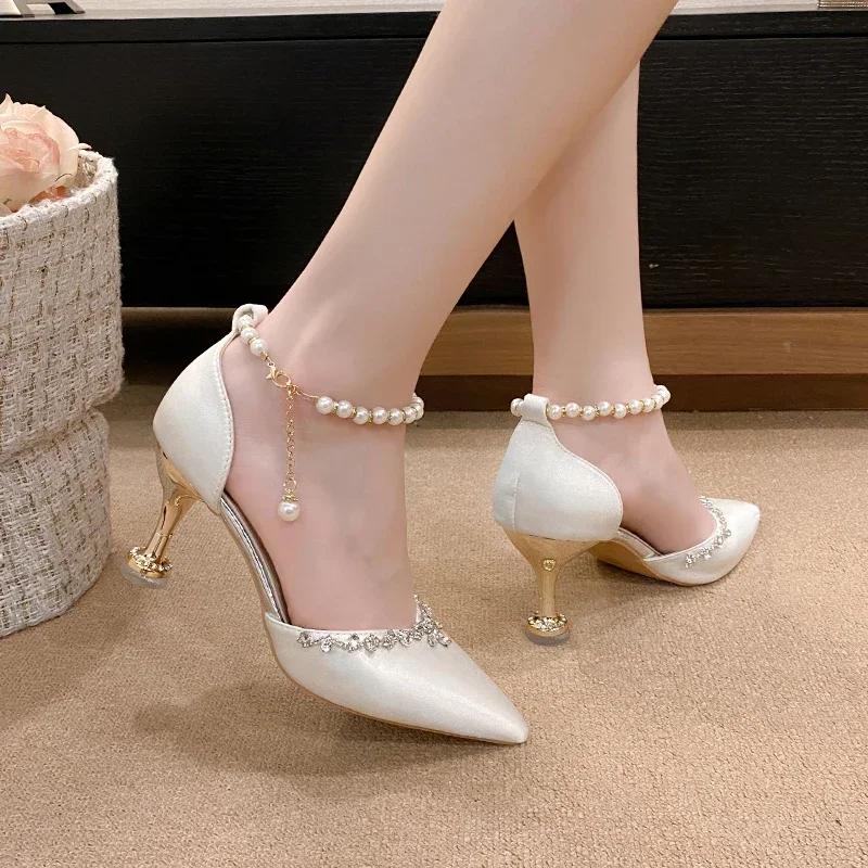 Fashion Pointed Toe Baotou Sandals Women's 2025 New Stiletto Hollow Single Shoes Versatile Pearl Strap Women's Shoes