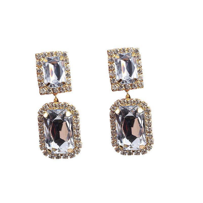 Fashion Style High-Key Dignified Super Flash Rhinestone-Encrusted Earrings Female Minimalist Fashion Rectangular Section Eardrop Necklace Suit
