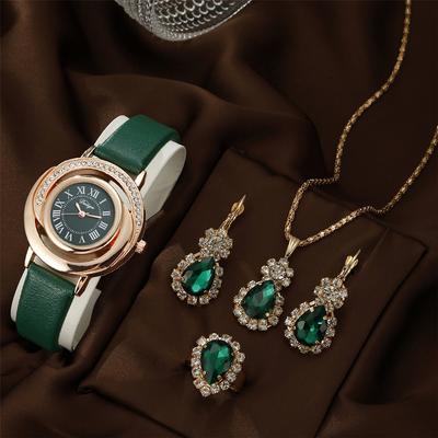 Orologio da polso al quarzo da donna, con anello, collana, orecchino e strass