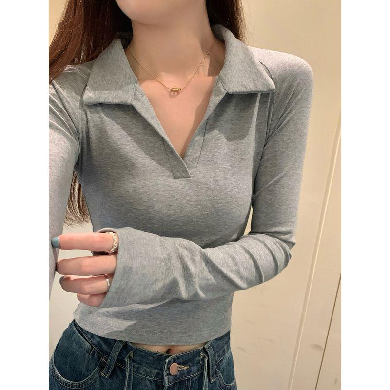 Kumikumi Gyaru Style Polo Collar Solid Long sleeves Shirt Women clothes Autumn Chic Age-Reducing Slimming Slim fit Top