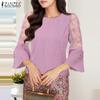 ZANZEA Damen Freizeitbluse mit Spitzen-Patchwork, 3/4-Ärmeln und lockerem Schnitt