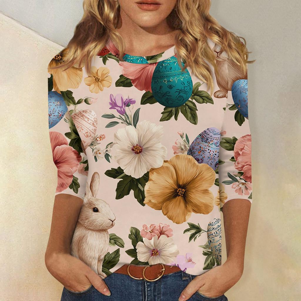 Women's Fashionable Casual Easter Bunny And Egg Print Neck Three-Quarter Sleeve T-Shirt