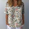 Women T-shirt V-neck Short Sleeve Flower Printed Tee Shirt Loose Fit Dropped Shoulder Sleeve