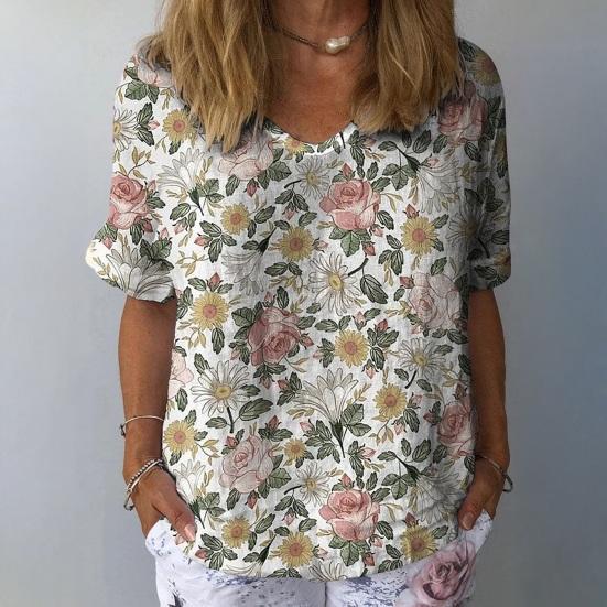 Women T-shirt V-neck Short Sleeve Flower Printed Tee Shirt Loose Fit Dropped Shoulder Sleeve