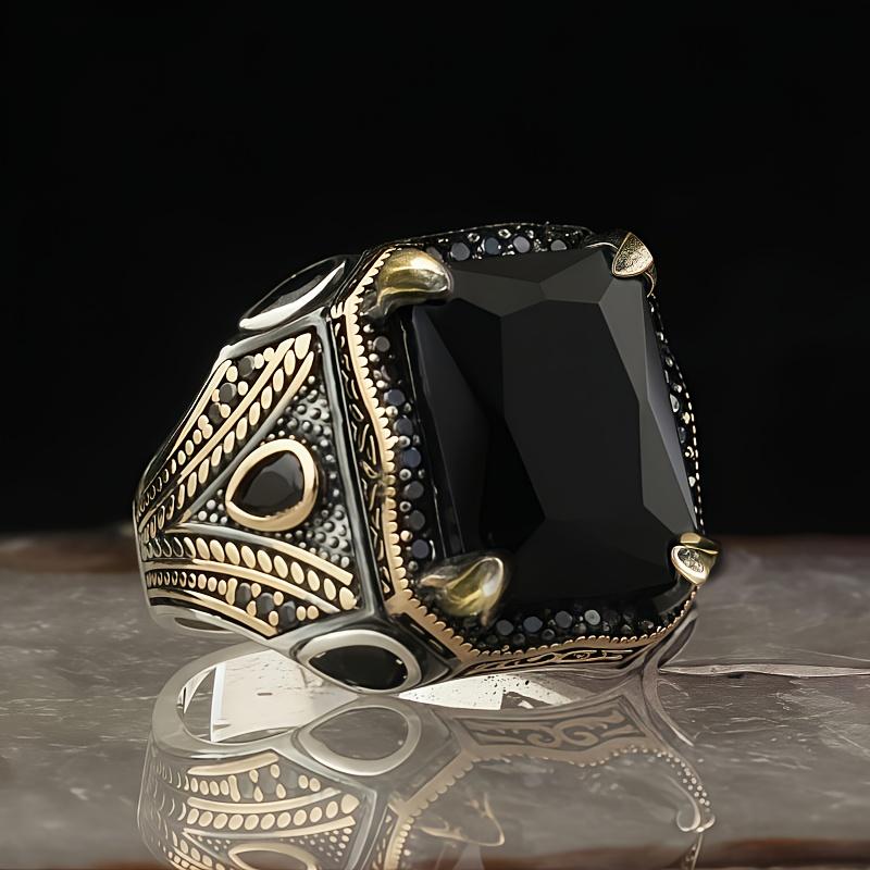 Retro Handmade Turkish Signet Rings For Men Ancient Silver Color Carved Eagle Ring Black Zircon Inlay New Punk Motor Biker Ring