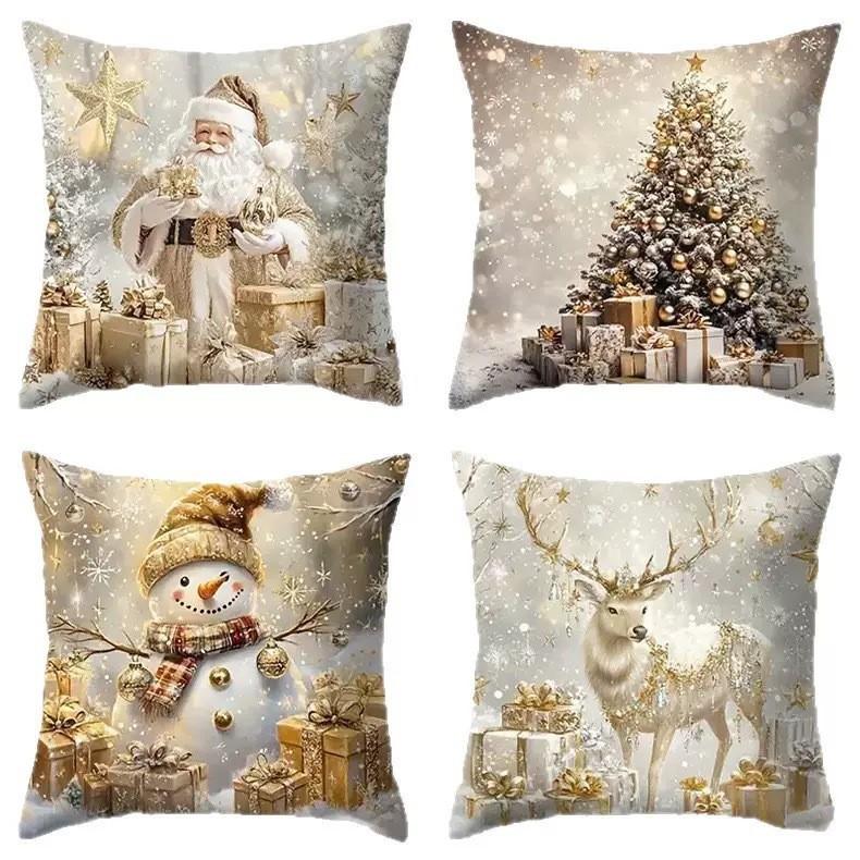 Set of 4 Holiday Christmas Pillow Covers, Featuring Gingerbread Men, Snowmen, And Santa Claus Designs, Perfect for Decorating Sofas And Bedrooms