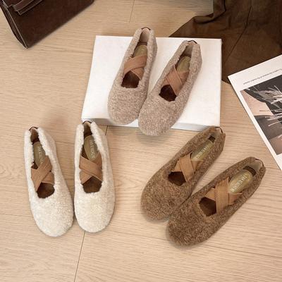 Winter Short Plush Fur Ballet Flats Shoes for Women Cross Tie Elegant Warm Fleece Mary Janes Shoes Ladies Round Toe Comfortable