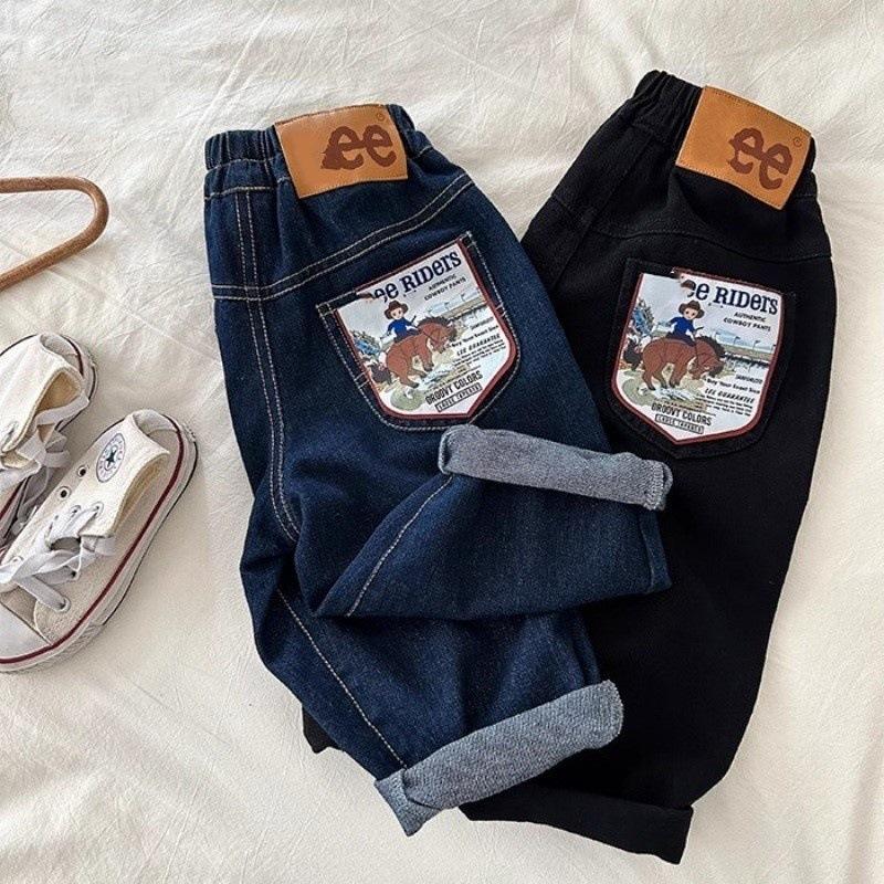 Kids Spring Autumn Straight Leg Block Denim Pants with 90