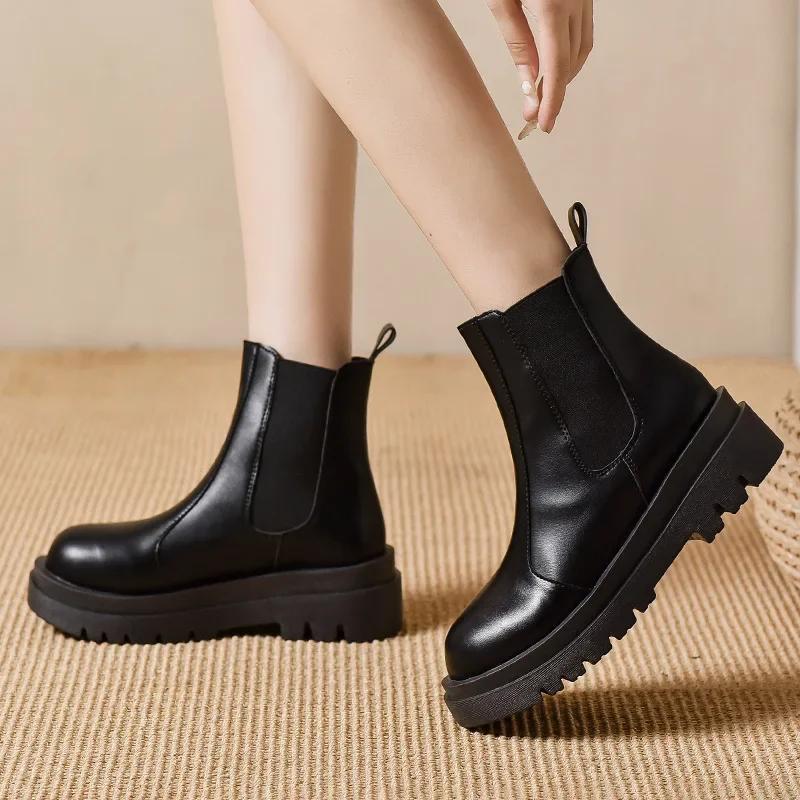 Fashion Ankle Boots for Women New Spring Autumn Thick Bottom Women's White Black Boots Casual Pu Leather Slip on Chelsea Short Botas