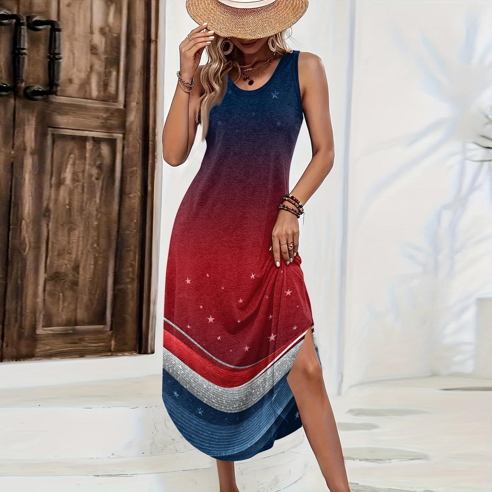 

Women s Casual Loose Fit Sleeveless Long Dress with Independence Day Print Suitable for Everyday Wear and Outdoor Activities XL