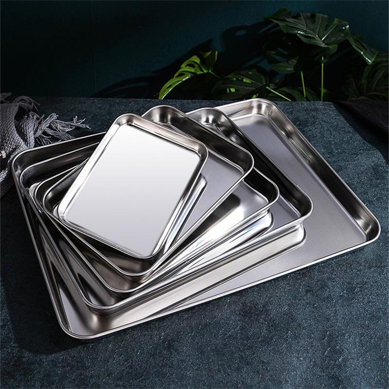 Stainless Steel Food Fruit Storage Trays Rectangle Cake Bread Dish Steamed Sausage Barbecue Pan Restaurant Kitchen Baking Plates
