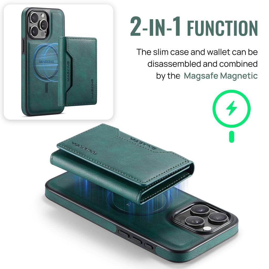 MAGKING K2 Series For iPhone 14 Pro Case Compatible with MagSafe PC+TPU+PU Leather RFID Blocking Phone Cover with Wallet