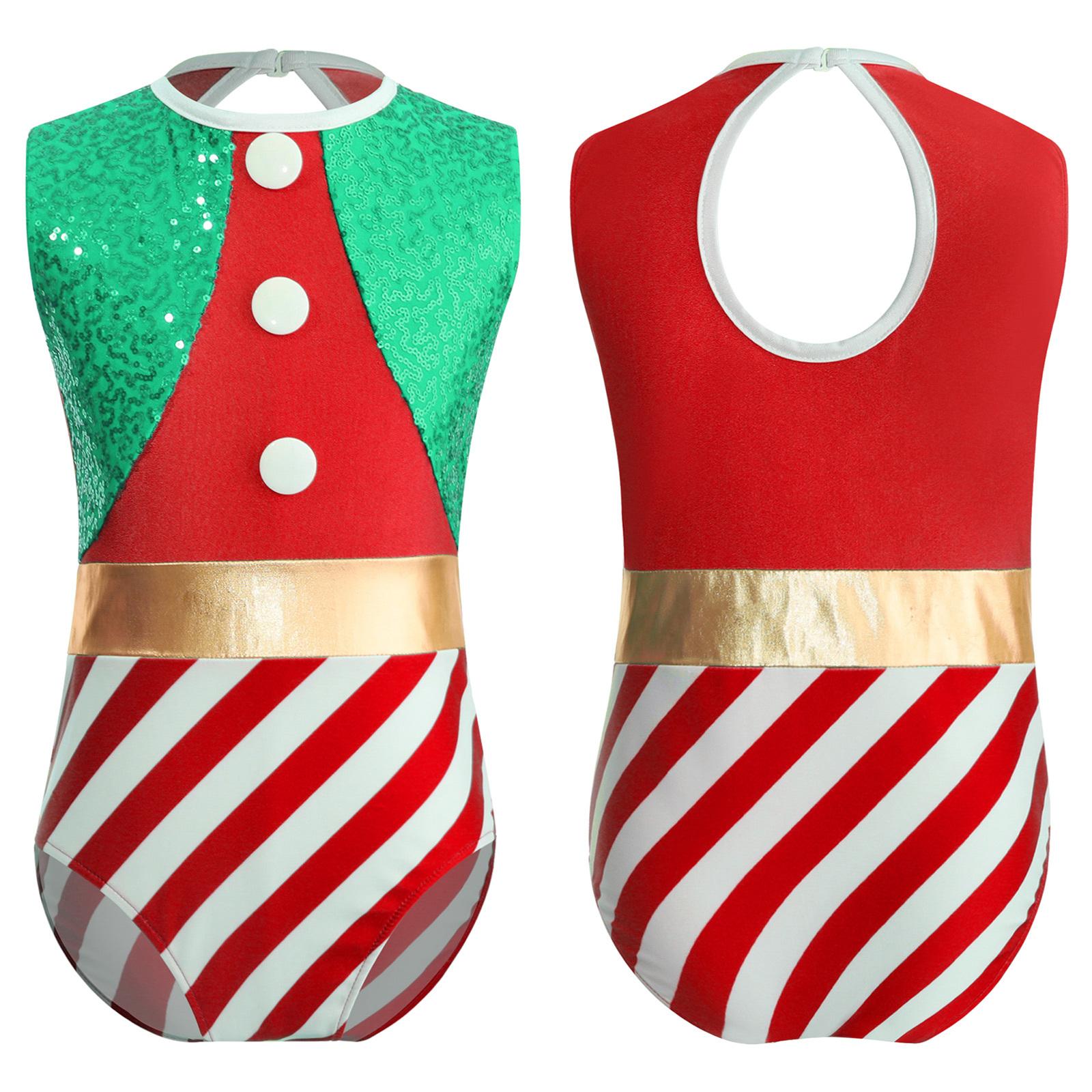 

Kids Girls Sequins Elf Christmas Dance Costume Striped Candy Cane Xmas Santa Cosplay Leotard Ballet Gymnastic Bodysuit Dancewear 3-4 Years зелений