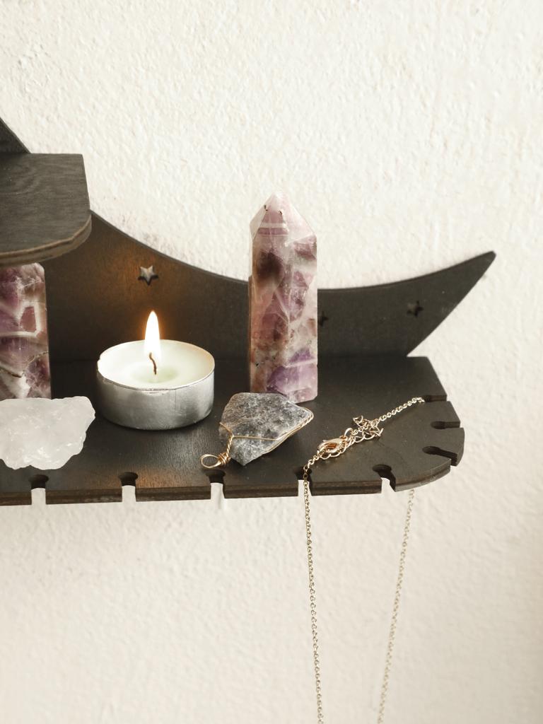 4-Tier Moon Wall Shelves 30cm Floating Wall Shelf Boho Country Rustic Shelf for Placing Crystal Stone Aromatherapy Essential Oil