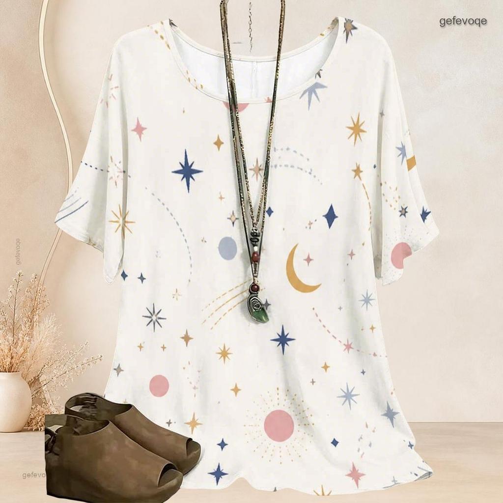 Women Plus Size Batwing Short Sleeve Top Round Neck Moon Star Night Sky Print Loose Casual Tunic Blouse