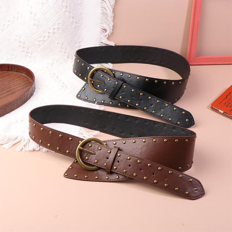 Western Cowboy Leather Belt For Women Punk Gothic Decorative Wild Waistband Retro Rivet Wide Belt