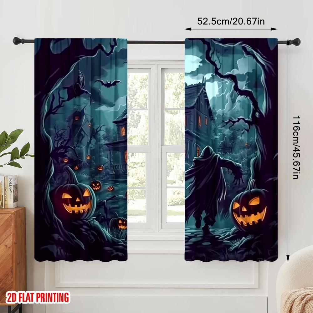 2pcs 2D flat printing Halloween Window Curtains Purple Robe Monster and Pumpkin Lantern 100% Polyester Fabric Without