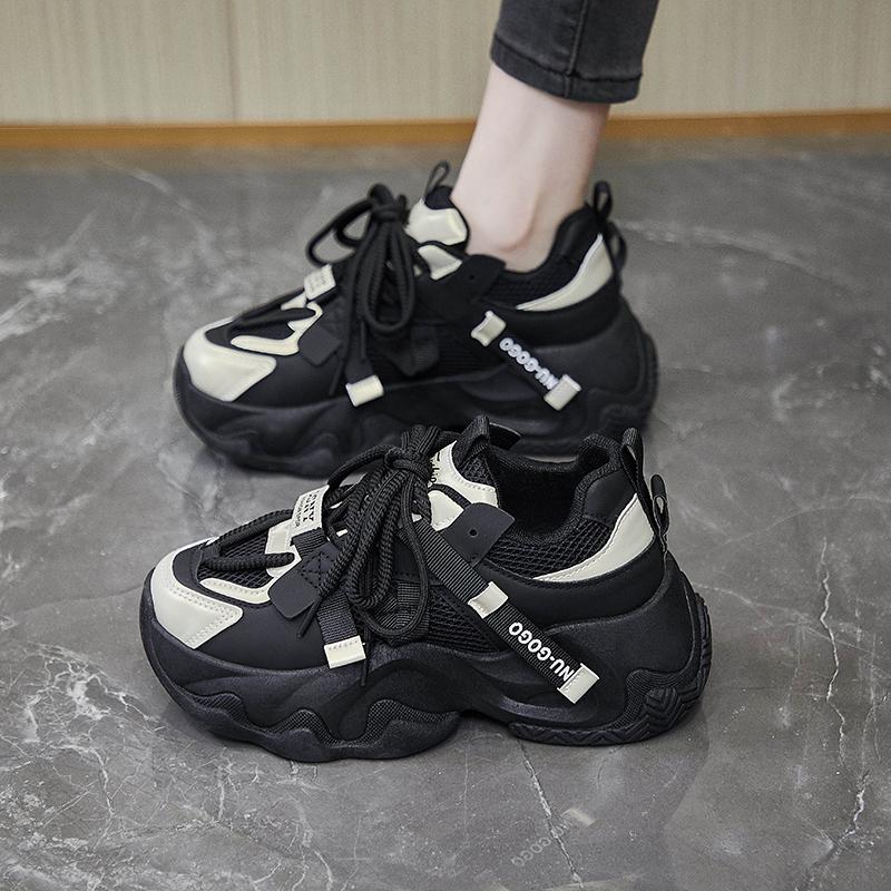 Fashion Women's Net Shoes Fall New Round Head Net Surface Breathable Before Lacing Thick Sole Increase Casual Sports Shoes