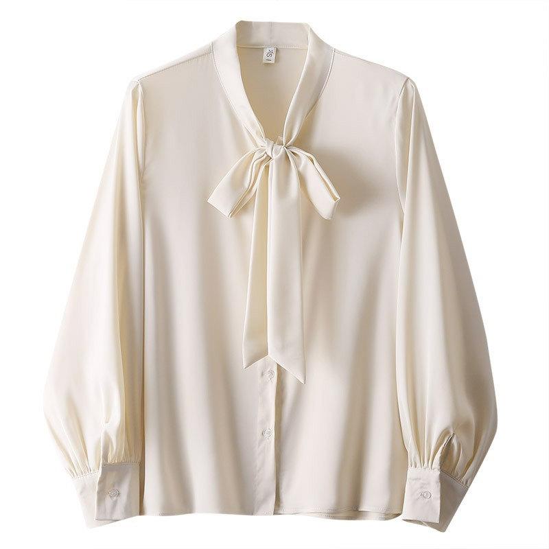 Mode Fliege Kragen Langarm Freizeit Hemd Damen Elegant Uni Schlicht Damen Blusen und Oberteile Vintage Slim Fit Weiße Bluse Damenbekleidung 25852