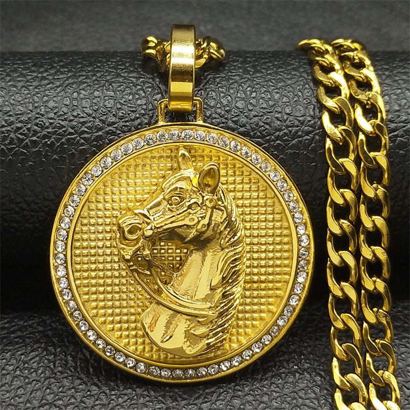 Rhinestone Horse Head Pendant Necklace for Men Hip Hop Stainless Steel Gold Color Animal Lucky Jewelry Gift for Boyfriend 7619-3