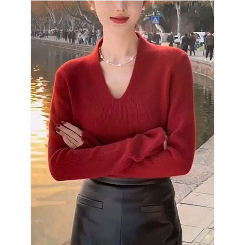

2024 Fancy Women Fall Easiest for Match V-neck Sweater Red XL([Recommended 60.00 kg-65.00 kg]])