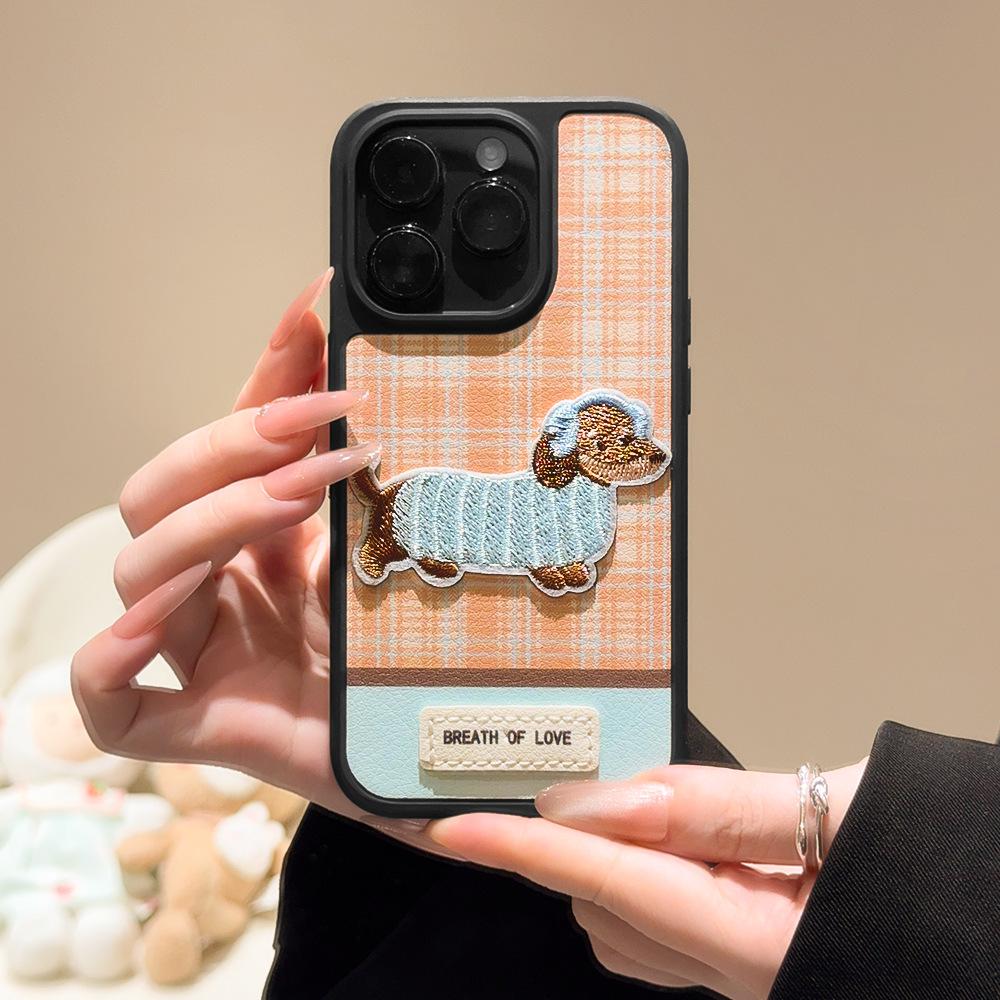 Autumn and winter ins dachshund dog leather pattern mobile phone case for Apple 17Promax protective case iPhone15/16/14