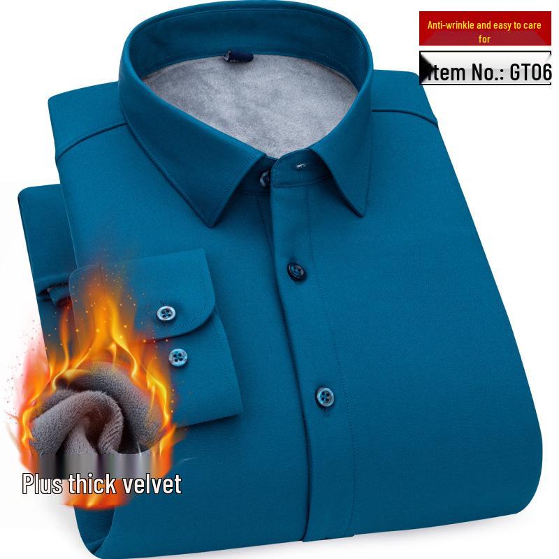 Men's Winter Plus Velvet Stretch Business Shirt - Cozy One-Piece, Solid Color, Thickened for Comfort