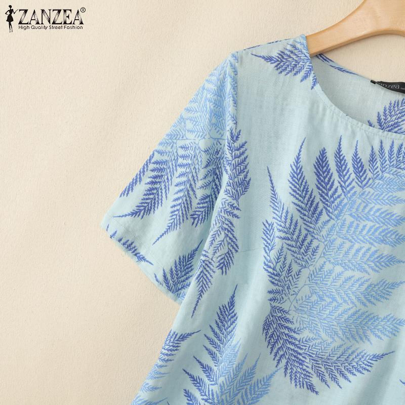 ZANZEA Women Casual Round Neck Summer Short Sleeve Print Blouse