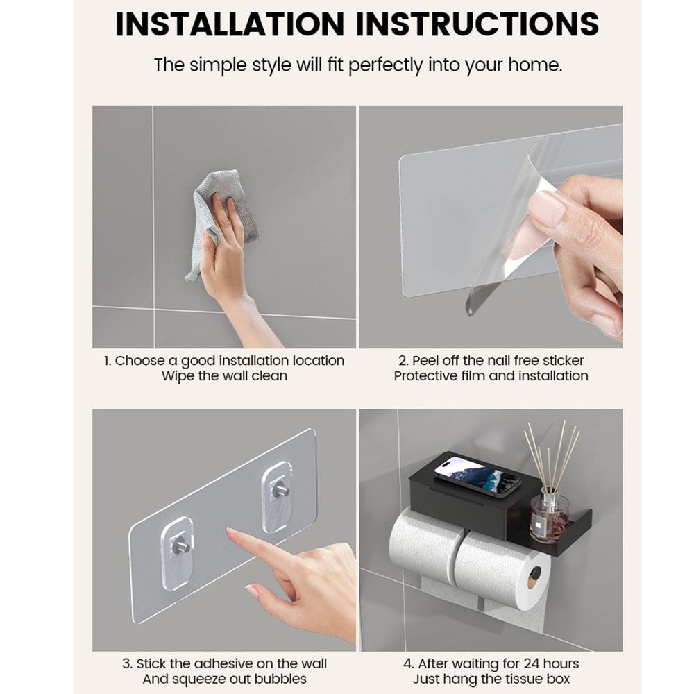 Self-Adhesive Toilet Roll Rack with Shelf Stainless Steel Wall Mounted Wipe Dispenser  Washroom