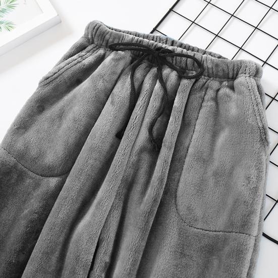 Men Homewear Pants Thicken Loose Solid Color Coral Fleece Elastic Waist Cold-proof Drawstring Loose Men Winter Pants for Camping