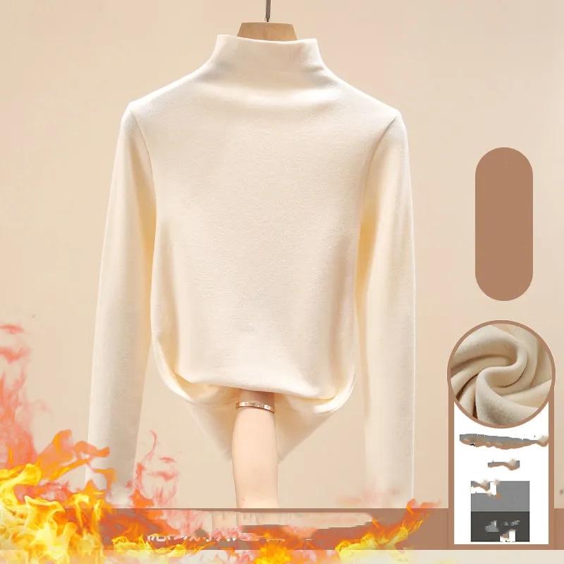 Women Autumn Winter Long-sleeved T-shirt Lady Thermal Underwear Thick Velvet Slim Fit Fashion Style Round-neck Top