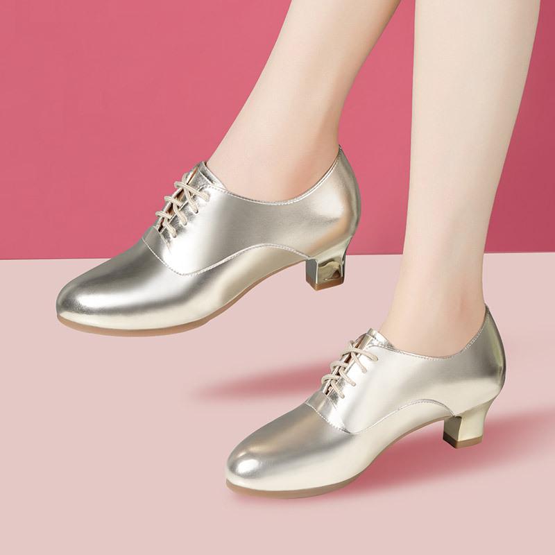 4cm 6cm Comfortable Lace Up Genuine Leather Shoes Women Pumps Spring 2025 Med Block Heels Shoes Red Silver for Dance Party Mom