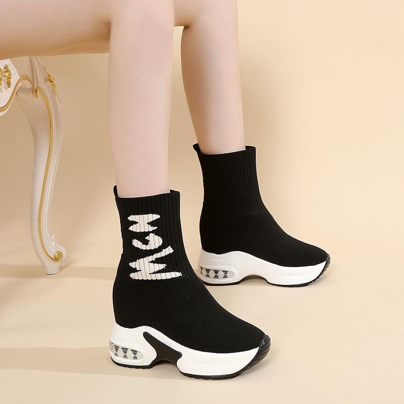 Large Size Thin Boots for Women's Autumn and Winter New Fly-woven High-top Elastic Muffin Thick-soled One-pedal Short Boots for Women