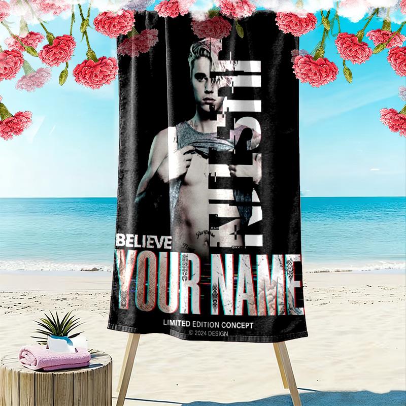 Name Custom Bieber Poster Print Beach Towel, Large Soft Quick Dry Towel for Beach Camping Swimming