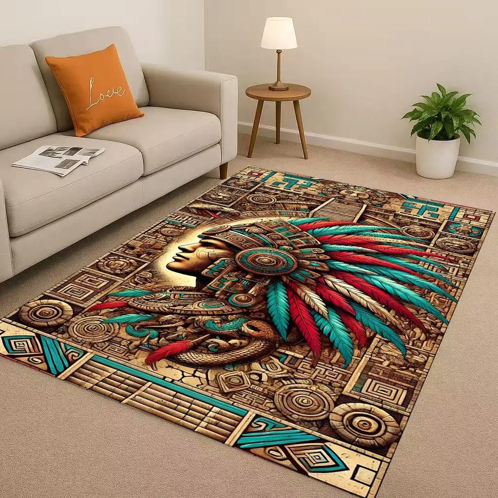 Retro Aztec Totem Maya Mask Sun God Living Room Non-Slip Area Rug Soft Carpet For Bedroom Sofa , Easy Clean Home Doormat Playmat