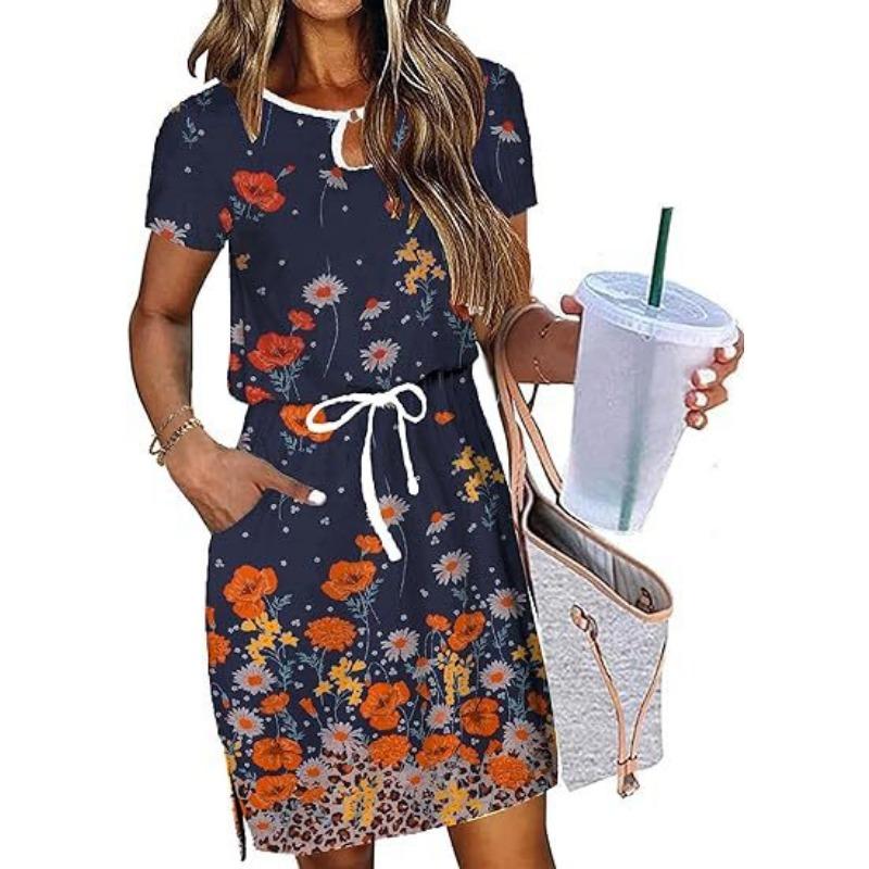 

YYFS женские модные летние весенние повседневные платья с коротким рукавом и круглым вырезом со средней талией XXL