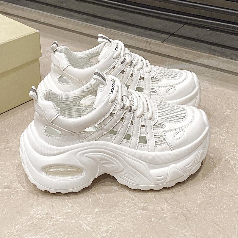 Fashion 7.5CM Breathable Hollow Leather Women Sandals Vulcanized Mesh Chunky Shoes Platform Shoes High Heels Casual Summer Sneakers