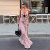 European and American women's clothing summer new sexy temperament V-neck slim-fit printed long suspender dress