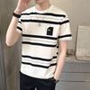 Koreanische kontrastfarbene gestreifte T-Shirts Herrenbekleidung Lässig Rundhals Sommer Basic Kurzarm Amerikanische Retro-Pullover