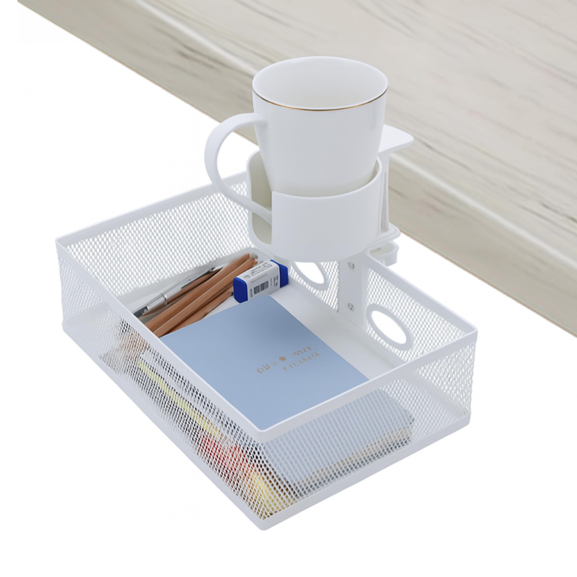 

AP LAB Under-Desk Storage Rack with Drink Holder [No Drilling Required & 360-Degree Rotation], Retrofit Drawer, Under-Table Storage, Small Item