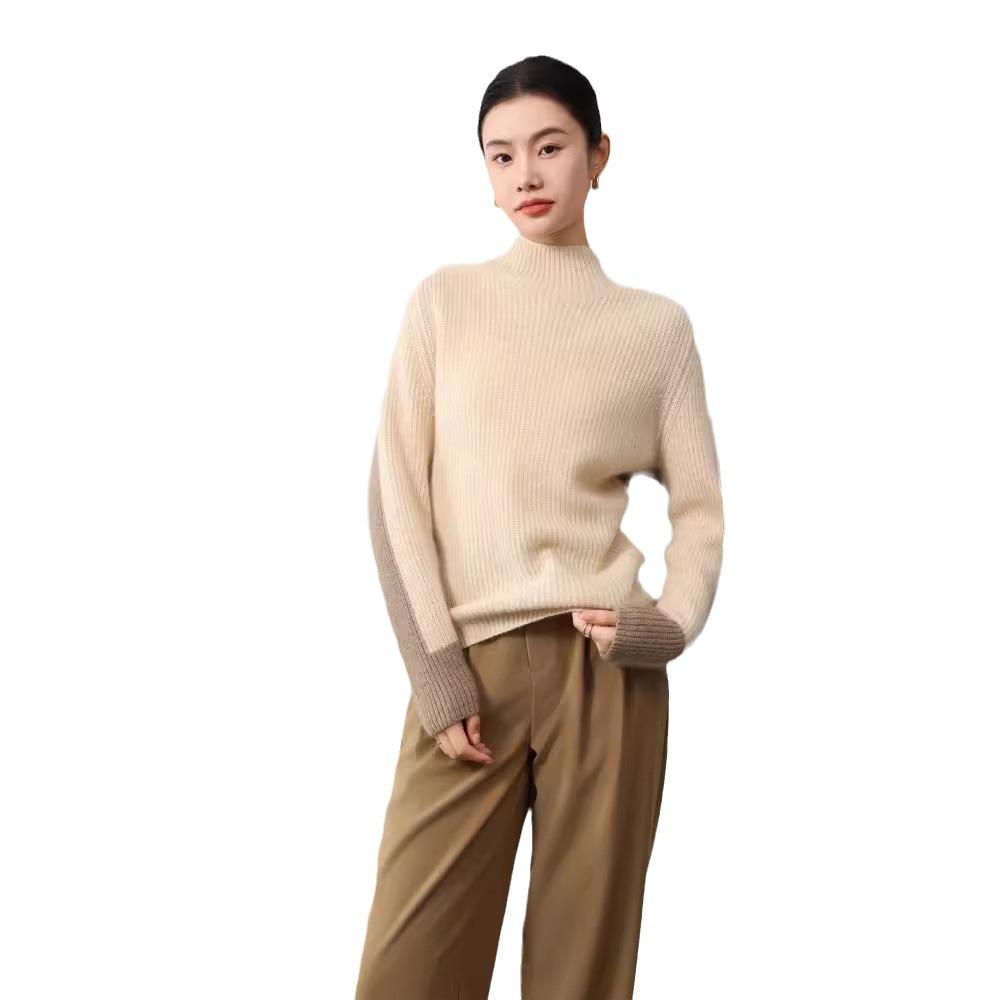 European & American Style Color Block Wool Pullover: Women's Slimming, Semi-High Neck, Autumn/Winter Fashion Knitted Sweater.