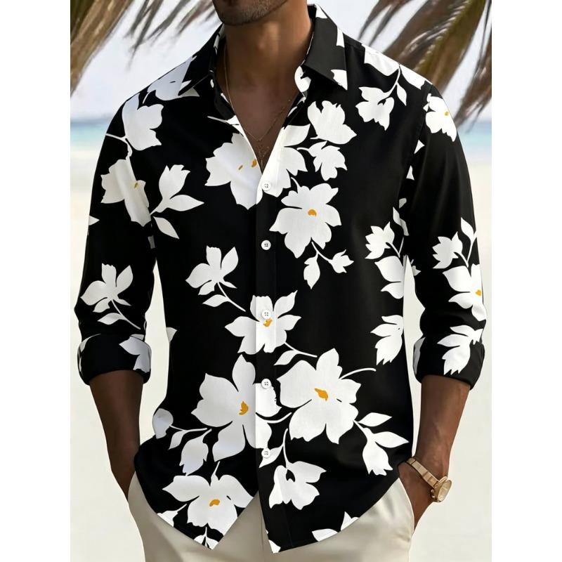 Herrenbluse mit Blumenprint, langen Ärmeln und Kragen für Urlaub und Freizeit, Strandreise-Trend, Herrenbekleidung