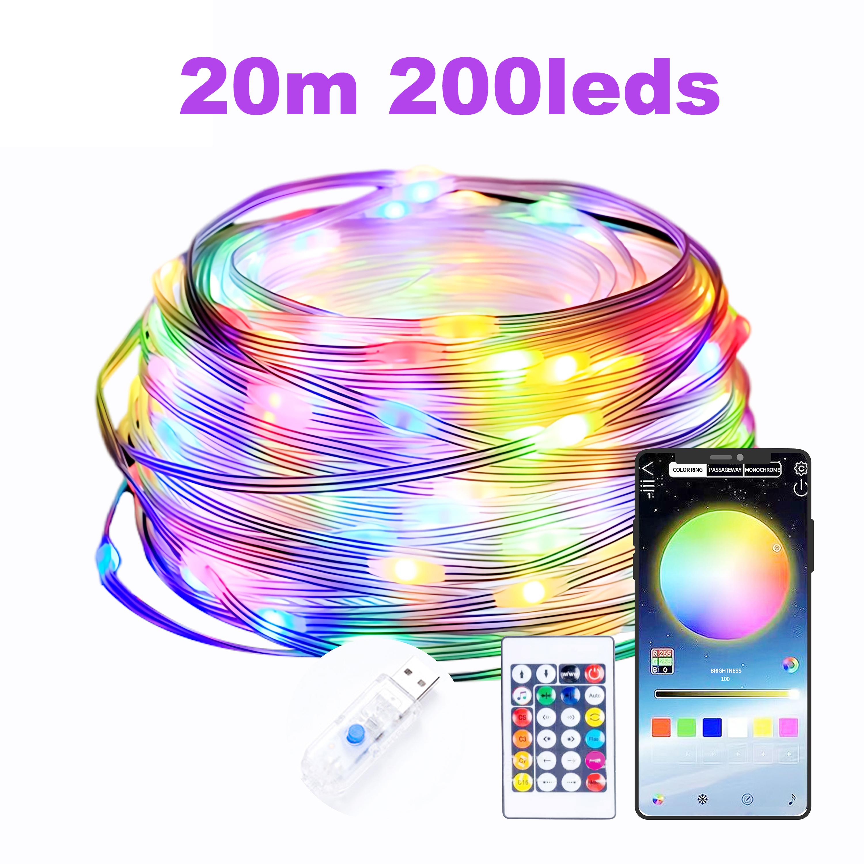 5M/10M/20M Умная светодиодная гирлянда USB RGB с приложением и пультом дистанционного управления для украшения комнаты, свадьбы, рождественской вечеринки 20m 20leds
