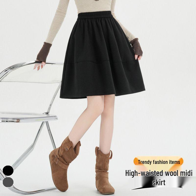 Woolen A-Line Midi Skirt: Women s 2026 Autumn/Winter Fluffy Pleated Design with Elastic High Waist 2XL (130-150 jin) чёрный