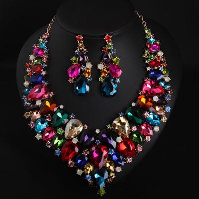 Super Flash Crystal Glass Gem Necklace Earrings Set Dinner Dress Exaggerated Accessories