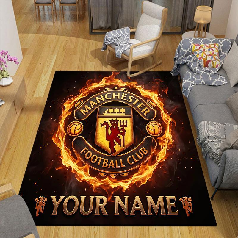 Custom Name Manchester United Flannel Pattern Square Carpet,Area Rug,Carpet Rug for Living Room Bedroom Sofa Playroom Decor,Non-slip Floor Mat