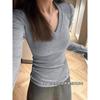 Hong Kong-style retro solid color V-neck front shoulder long-sleeved T-shirt for women's spring, autumn and winter new slim-fitting