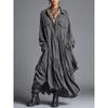 Women's Shirt Collar Three Quarter Sleeve Maxi Dress Loose Fit Relaxed Waist Vintage Solid Color Ruched Shirt Dress