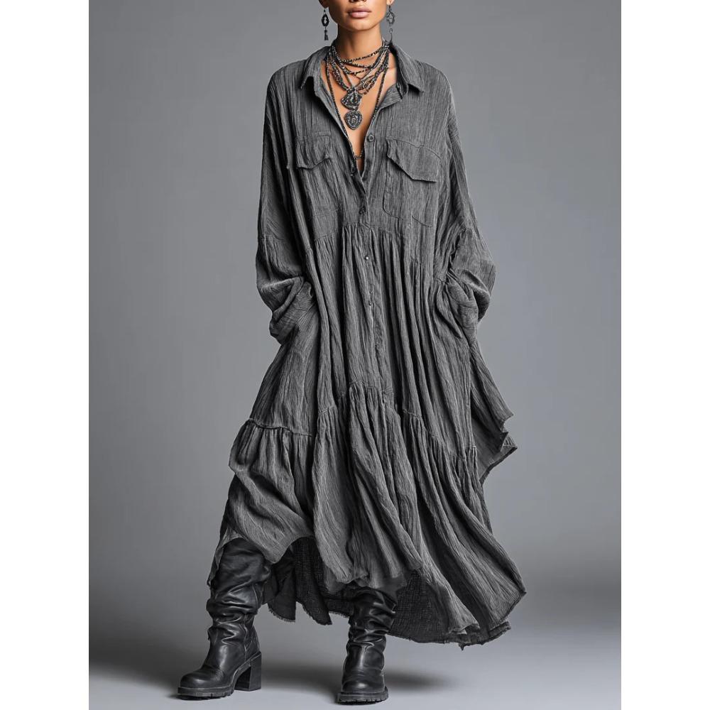 Women's Shirt Collar Three Quarter Sleeve Maxi Dress Loose Fit Relaxed Waist Vintage Solid Color Ruched Shirt Dress